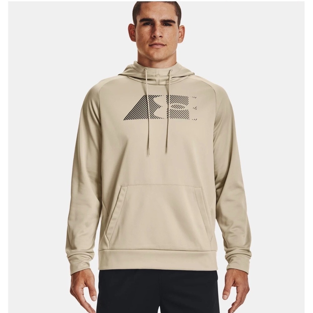 Under Armour Mems Size Large Tan Hoodie Fleece Hooded Sweatshirt Kangaroo Pocket - Picture 12 of 12